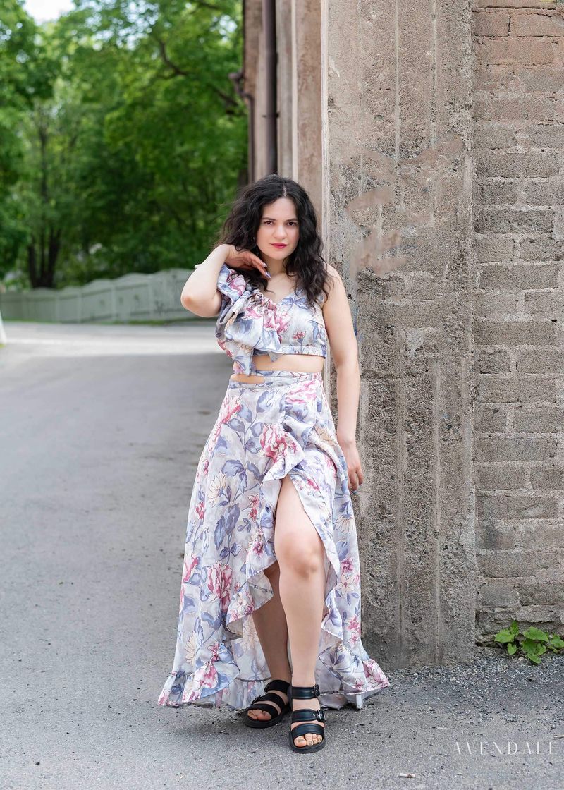 Floral crop top and matching wrap maxi skirt in soft pink and blue