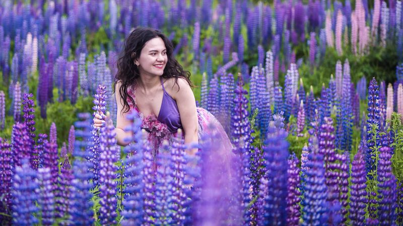 Liila mekko violettien ja vaaleanpunaisten lupiinien keskellä
