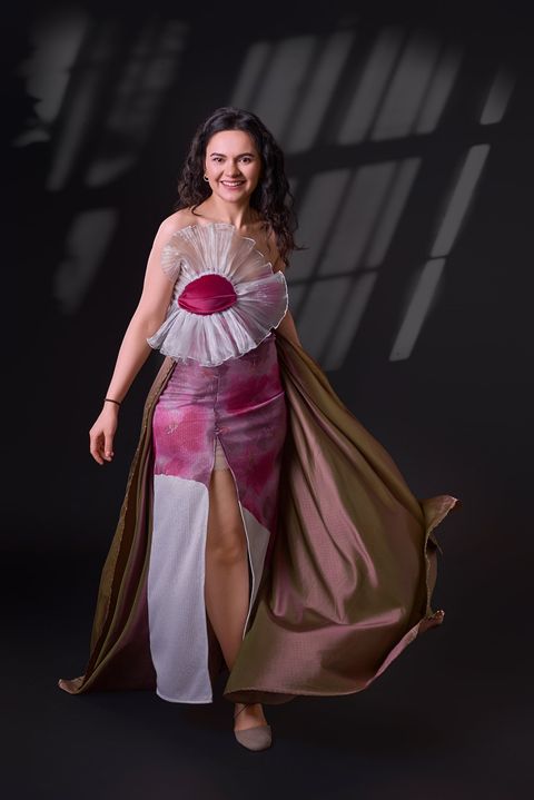 Pink and white gown with a bronze satin drape and a pleated tulle collar