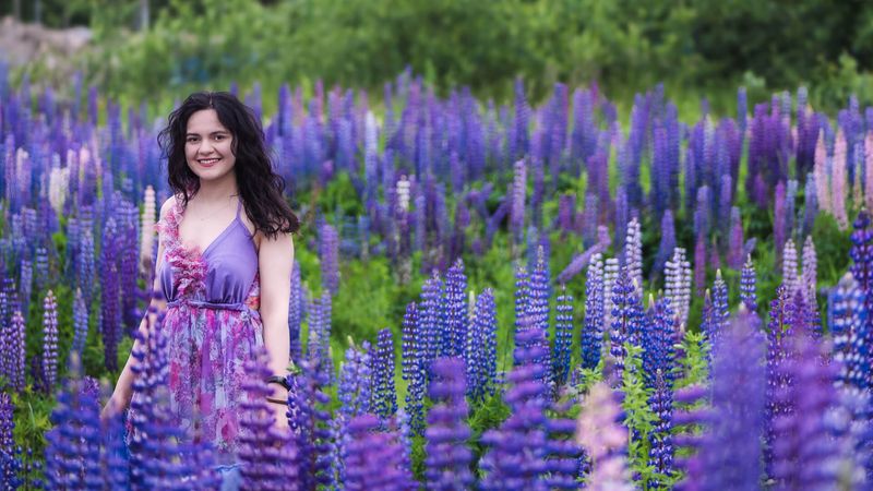 Pink floral halter dress among blooming lupins on a Finnish summer day